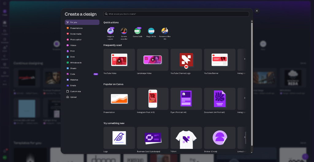 Canva interface for creating AI-assisted visual content and designs