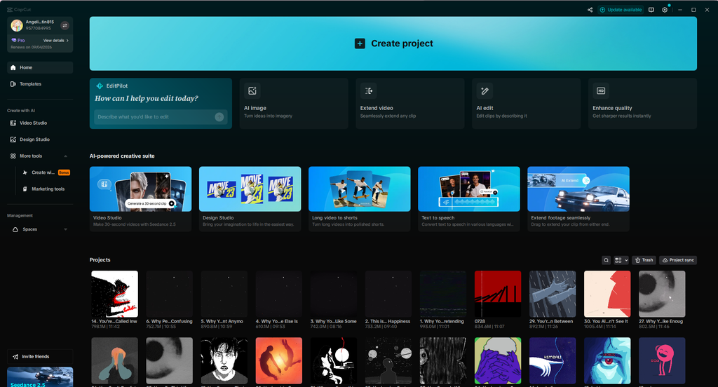 CapCut interface for AI-assisted video editing and content creation
