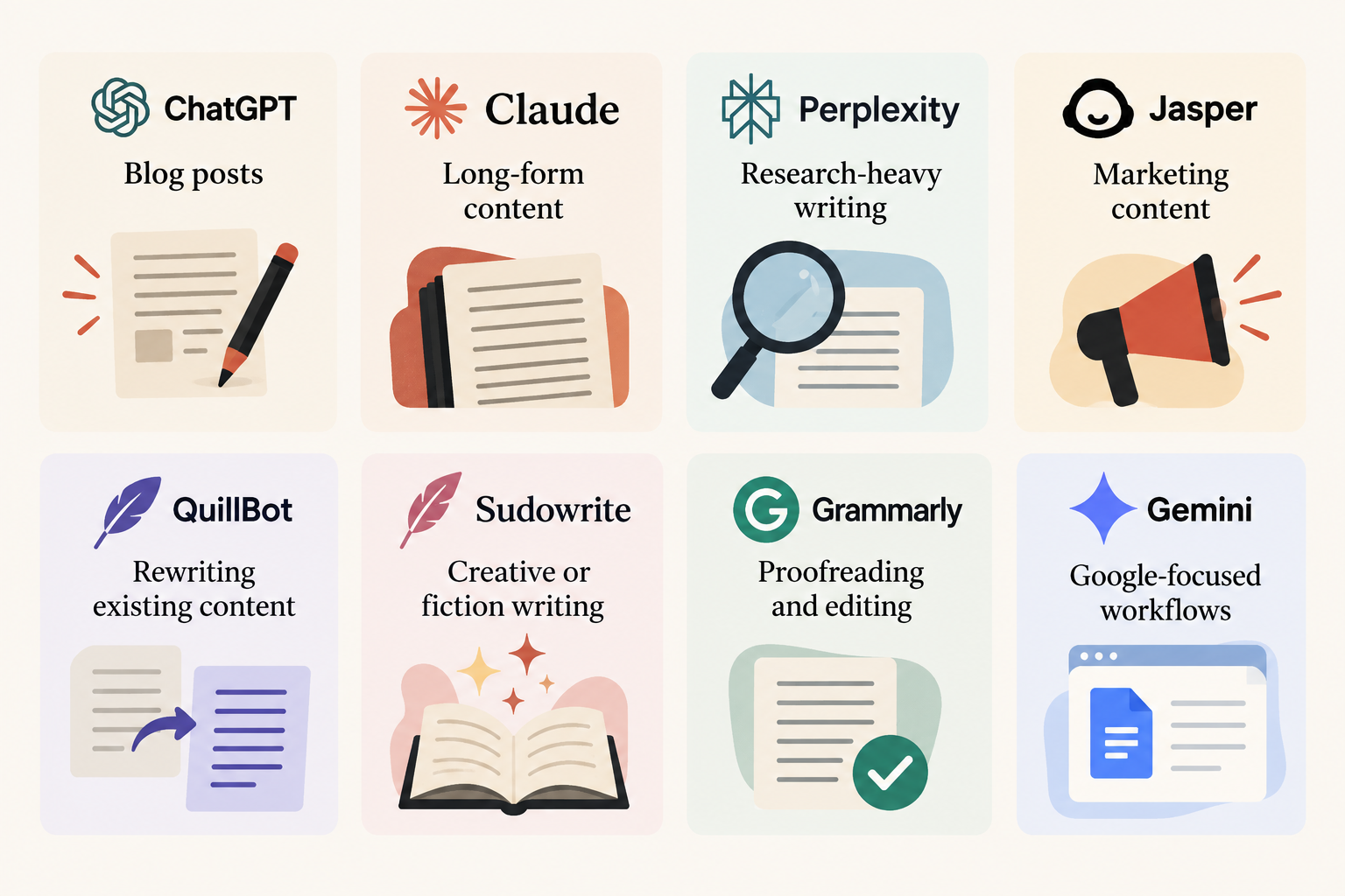 AI writing tools matched to different writing tasks, including blogging, research, rewriting, fiction, editing, and Google workflows