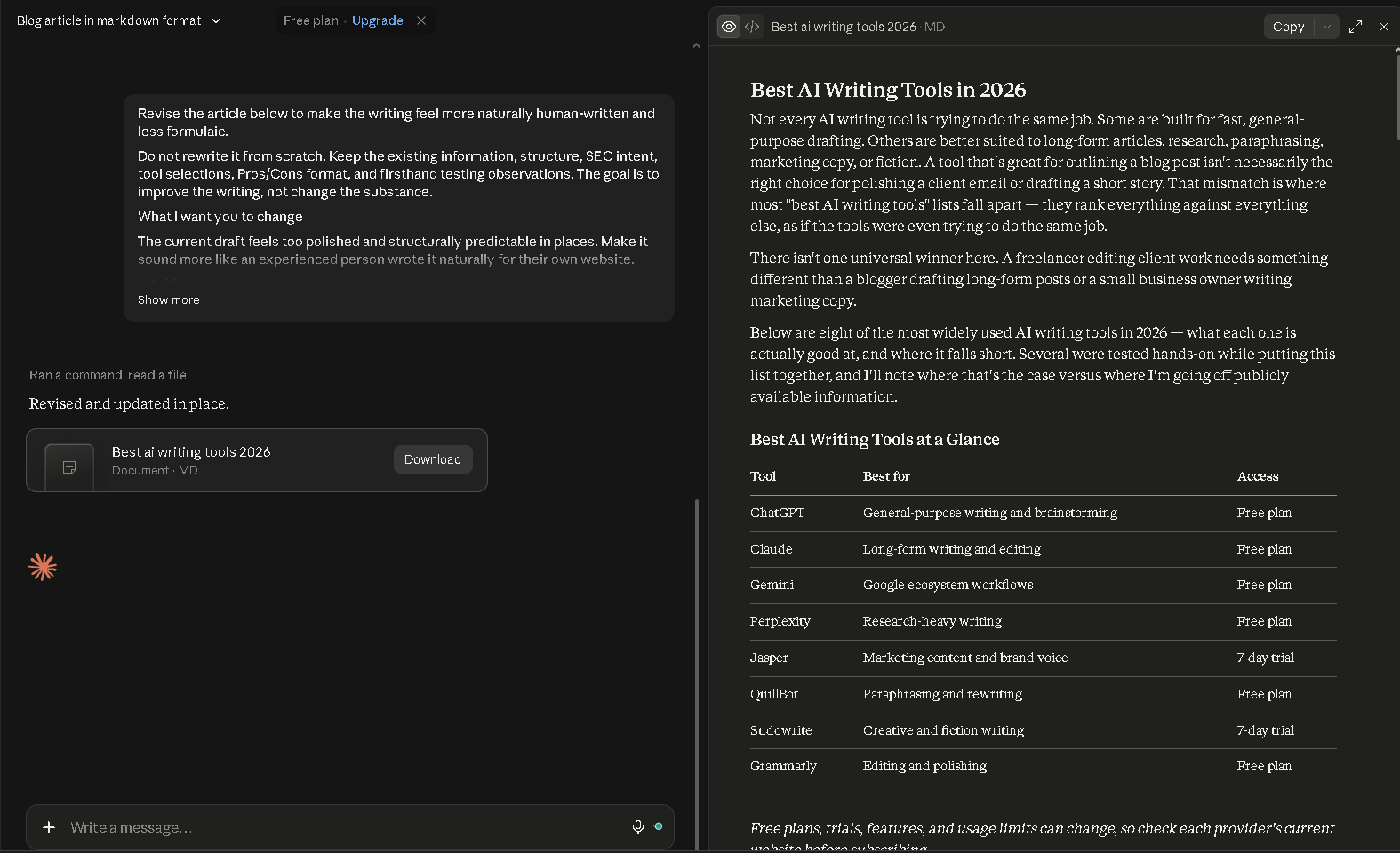 Claude interface for long-form AI writing and editing