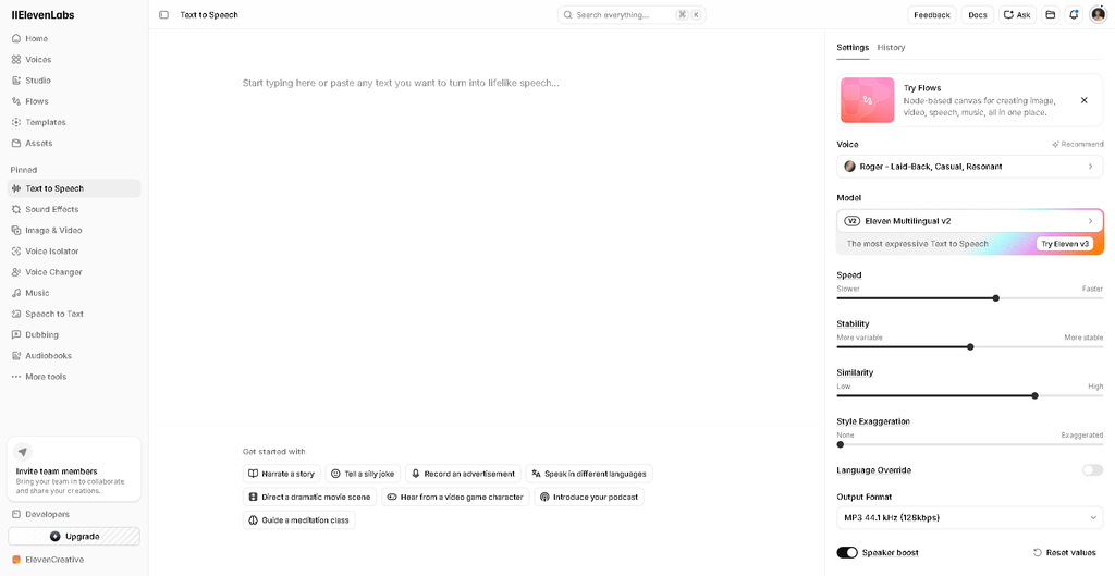 ElevenLabs interface for AI voice generation and text-to-speech