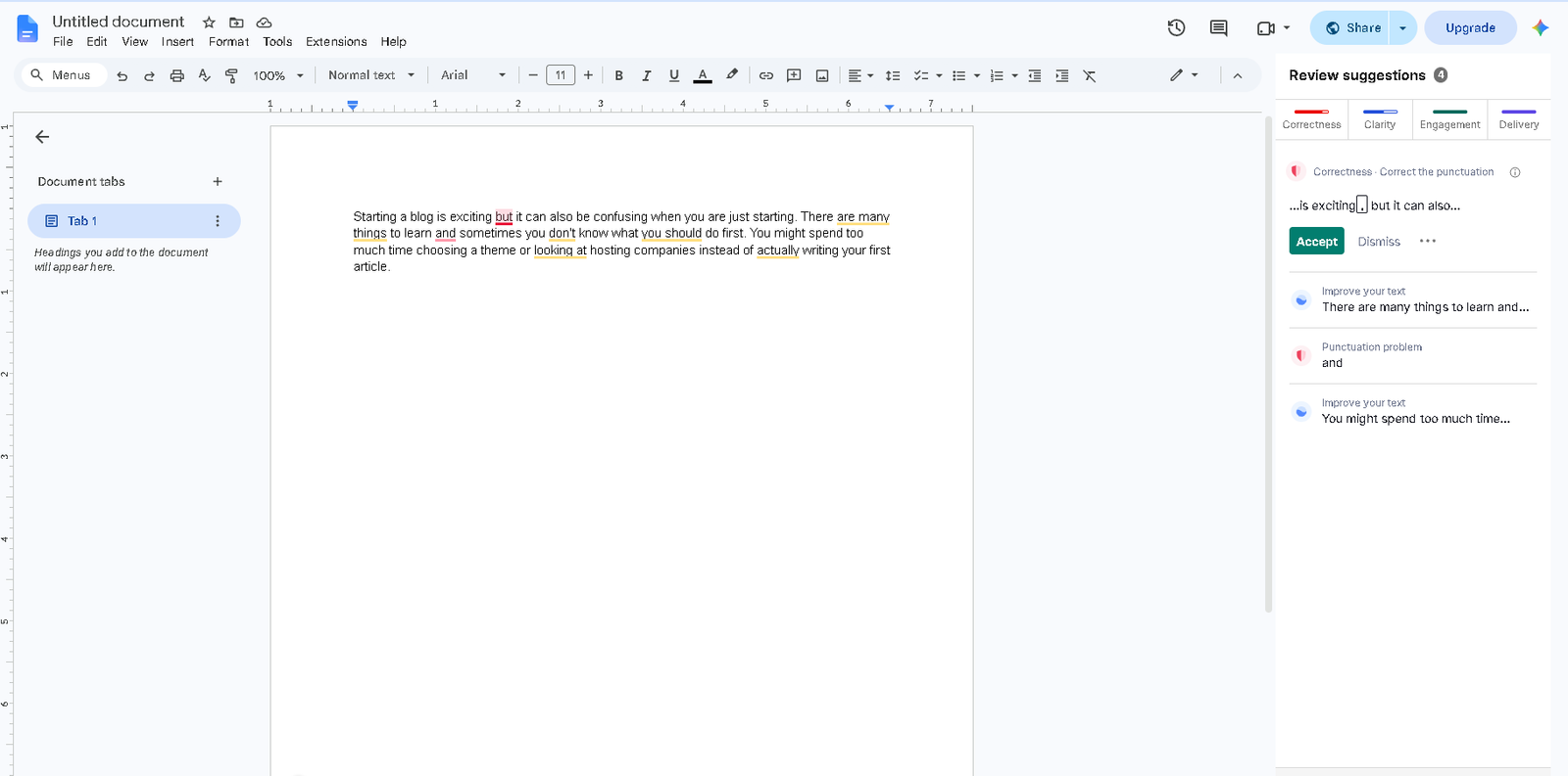 Grammarly interface for grammar checking and writing improvement