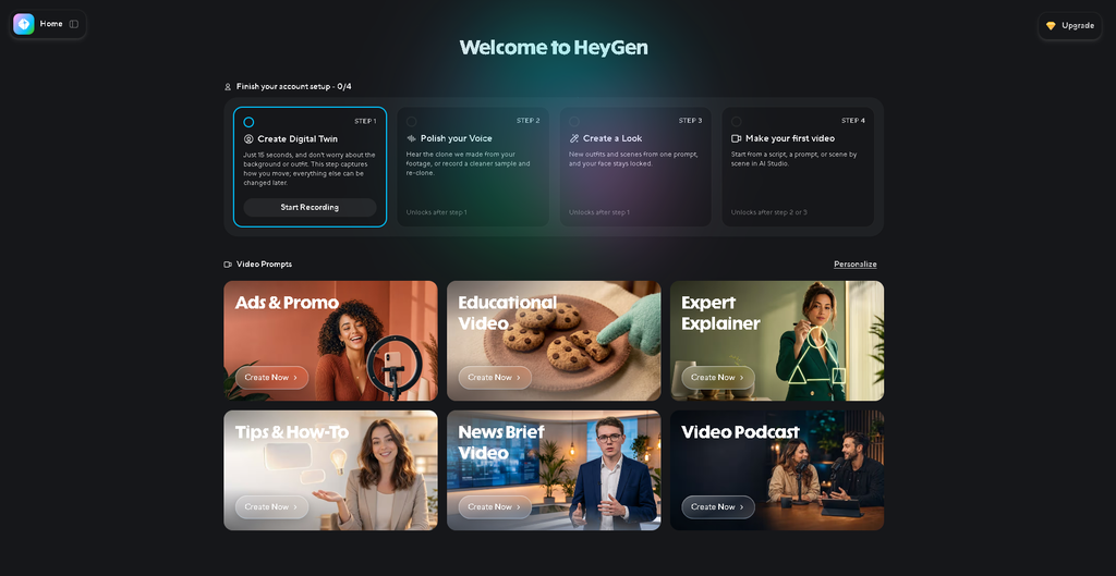 HeyGen interface for creating AI-generated videos and digital avatars