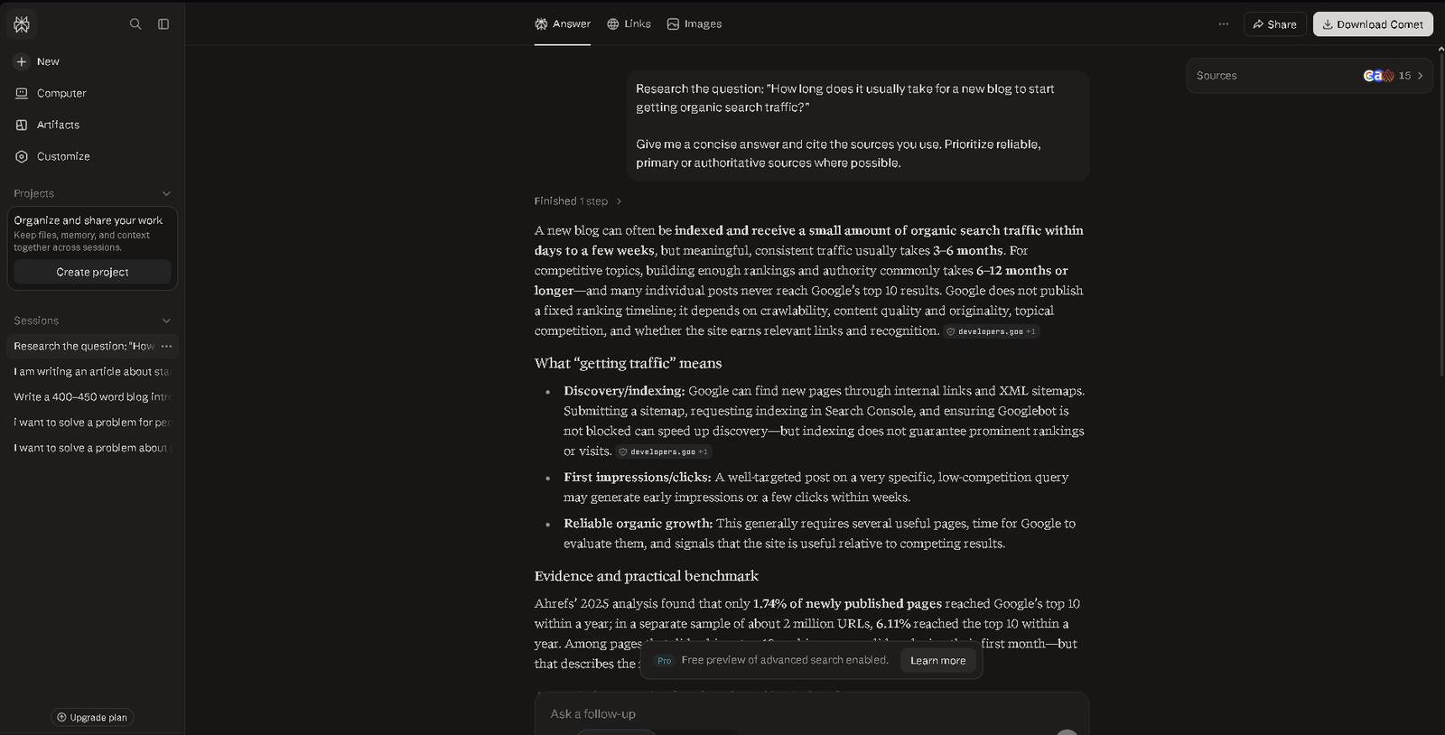 Perplexity interface for AI-assisted research and sourced information