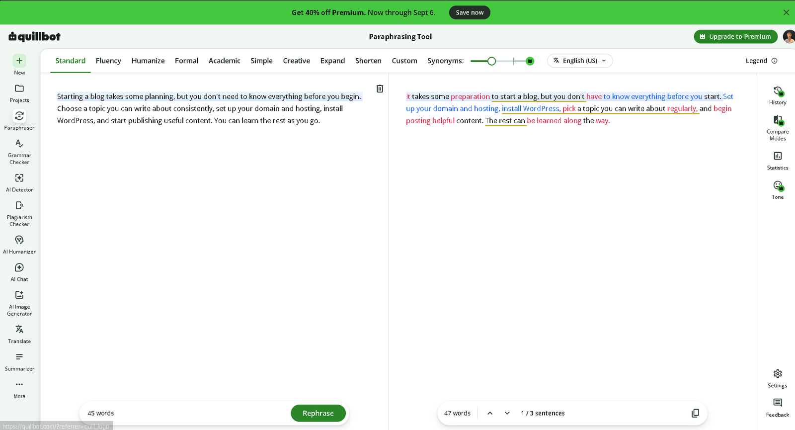 QuillBot interface for paraphrasing and rewriting text