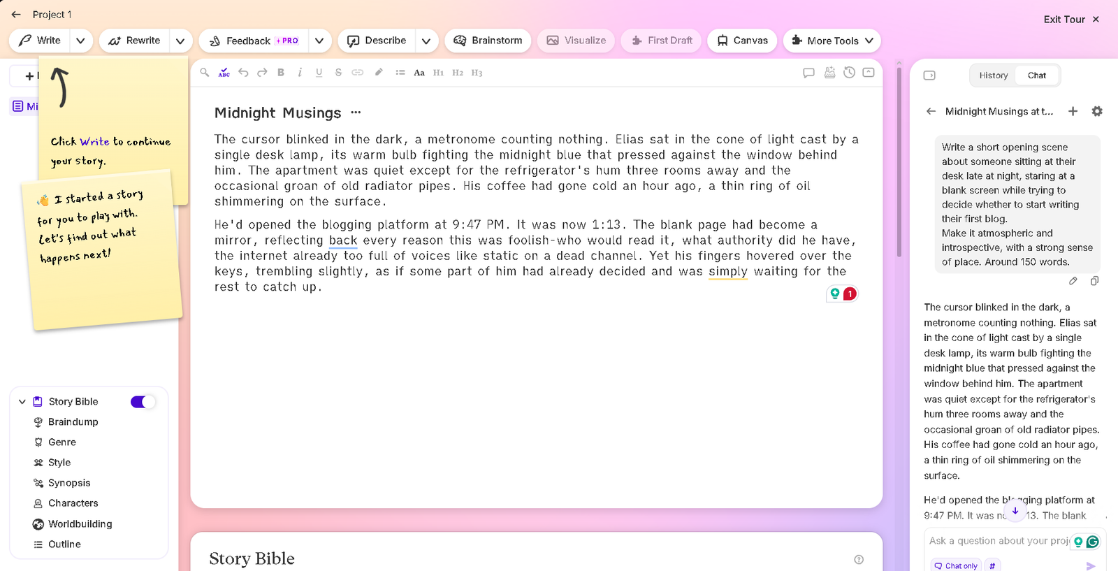 Sudowrite interface for creative and fiction writing