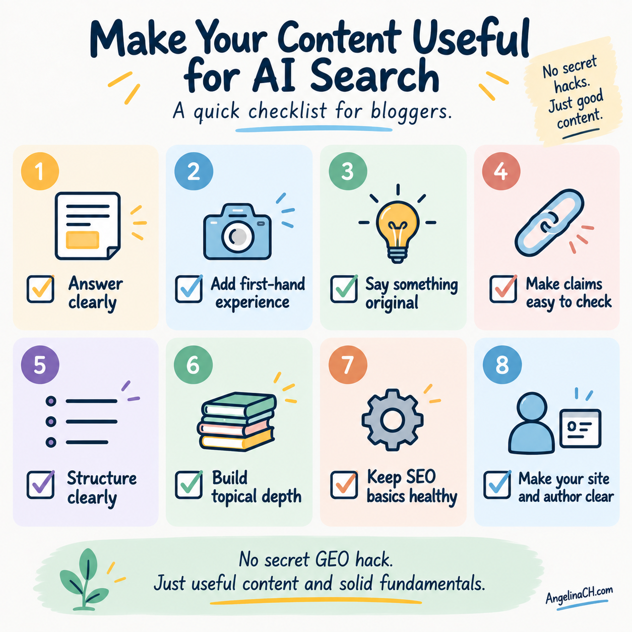 Infographic showing eight practical ways bloggers can make content more useful for AI search