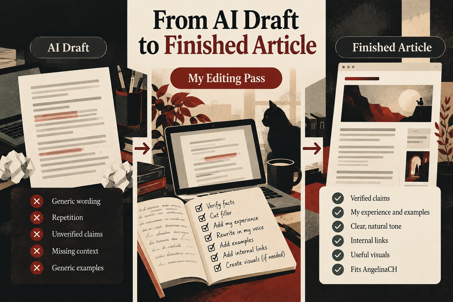 Infographic showing how an AI-generated draft is edited into a finished blog article by verifying claims, cutting filler, adding personal experience, examples, internal links, and useful visuals.