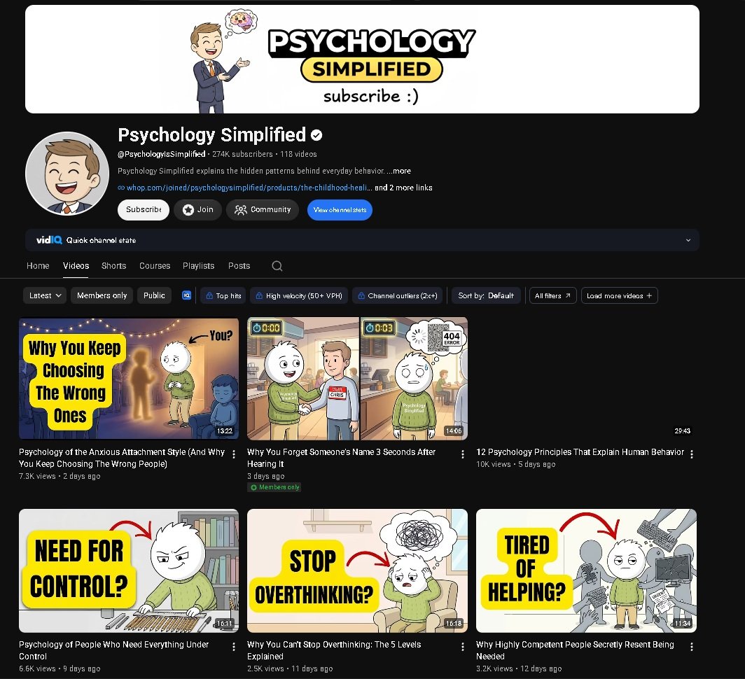 Psychology Simplified YouTube channel showing illustrated faceless videos about human behavior