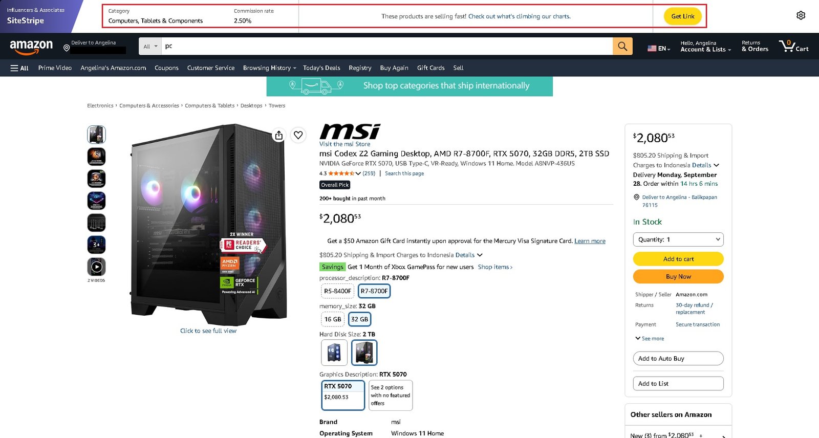 Amazon Associates SiteStripe with Get Link button on a product page