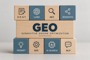 Wooden blocks displaying GEO and generative engine optimization concepts