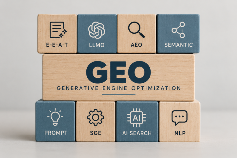 Wooden blocks displaying GEO and generative engine optimization concepts