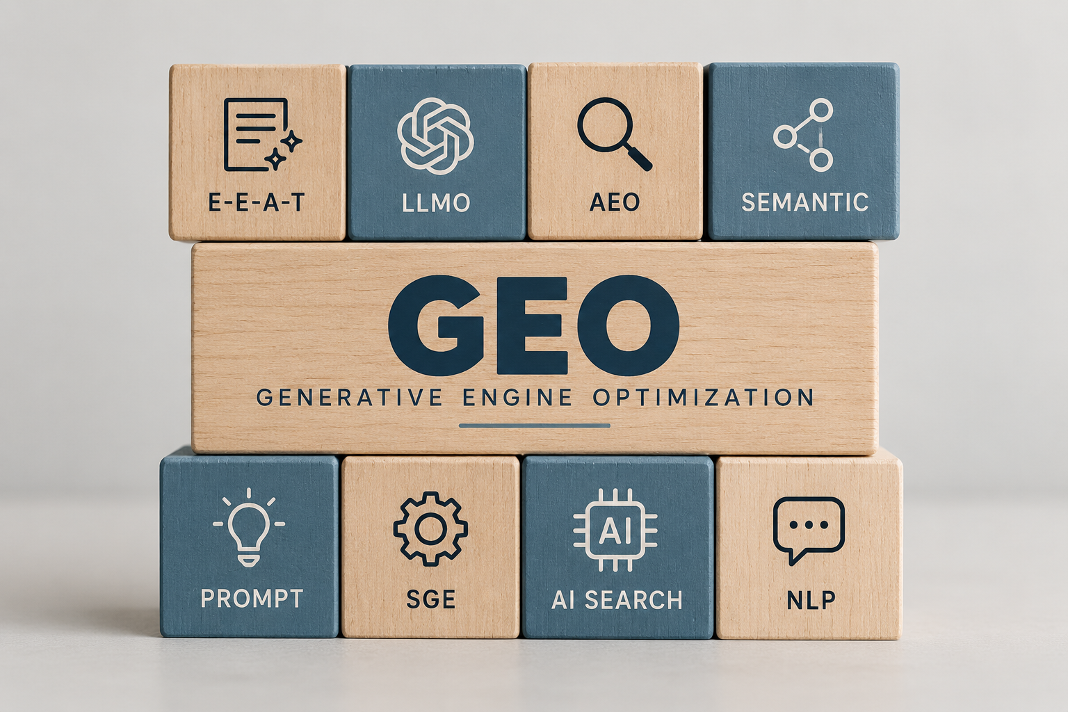 Wooden blocks displaying GEO and generative engine optimization concepts
