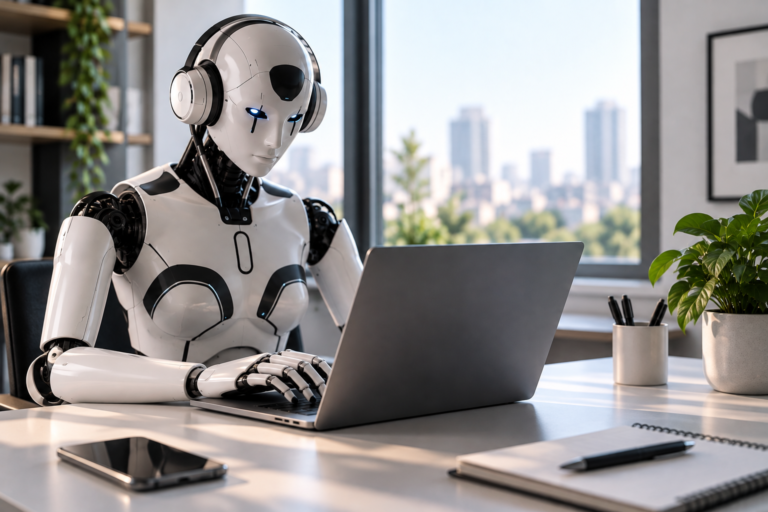 Robot working on a laptop in a modern office