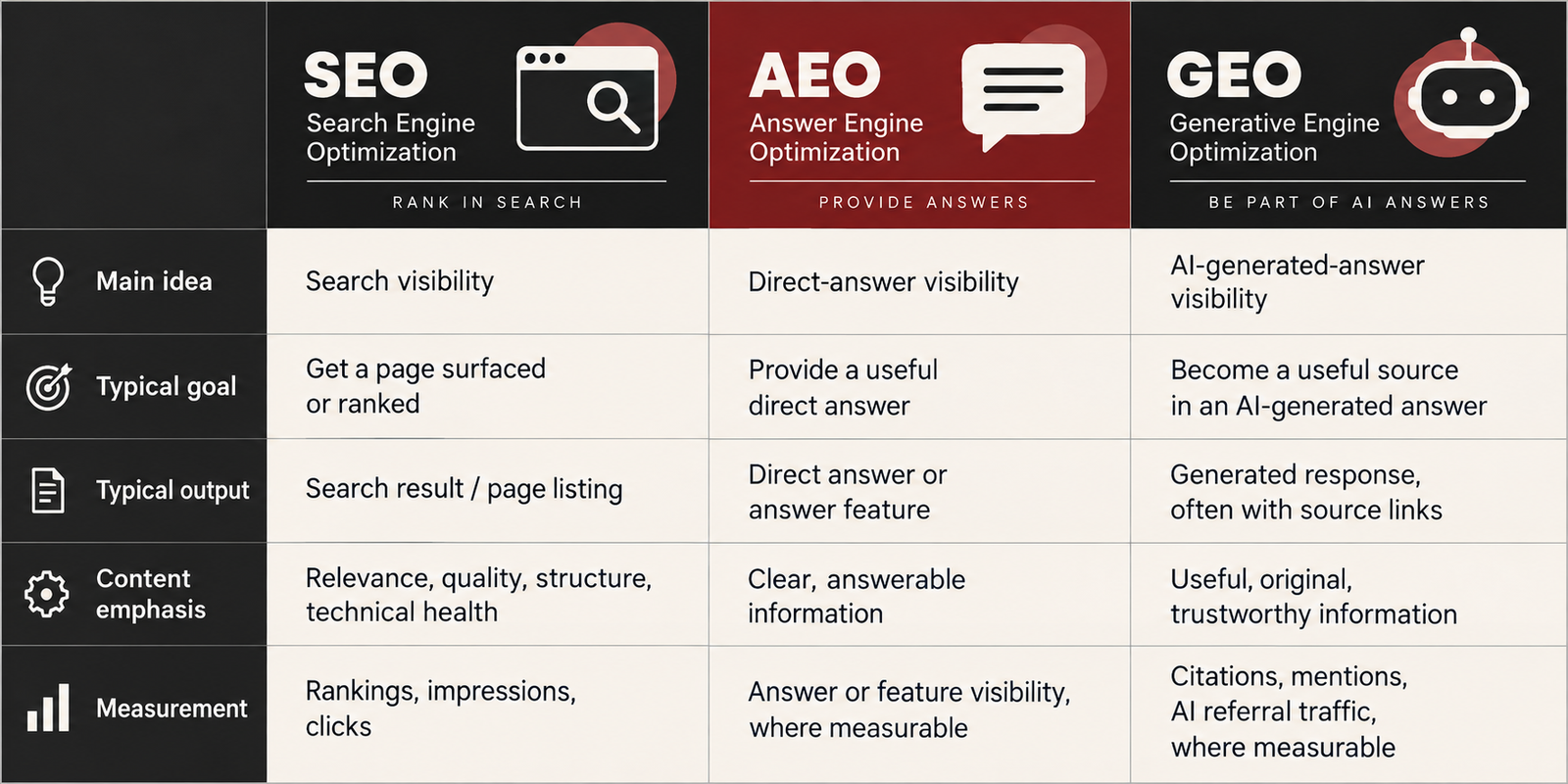 Comparison table showing the differences between SEO, AEO, and GEO
