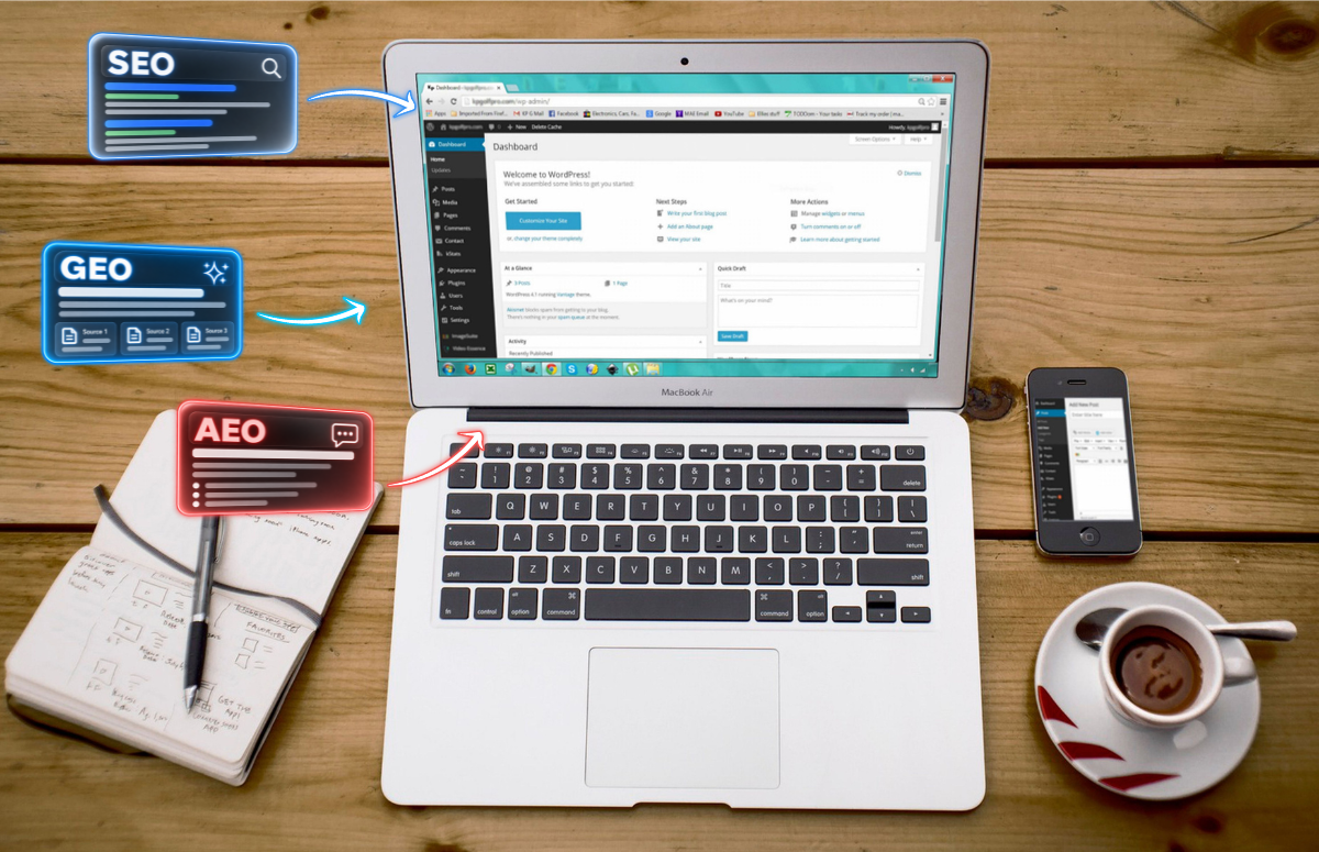 Laptop workspace with floating SEO, AEO, and GEO concepts