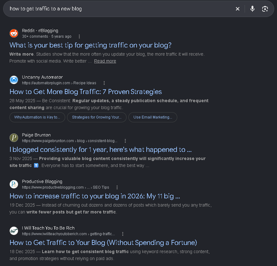 Google search results showing competing articles for a blog keyword