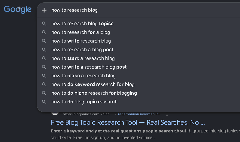 Google Autocomplete suggestions for how to research a blog