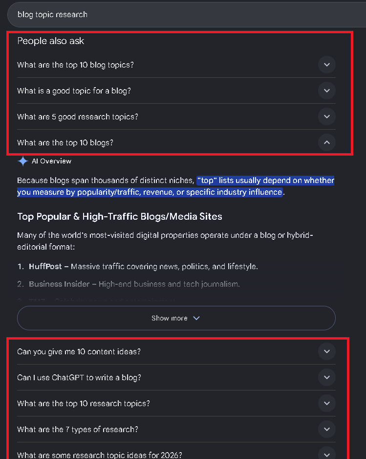 Google People also ask results for blog topic research questions
