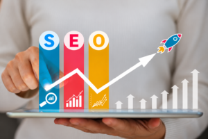 SEO blog post writing and optimization illustrated on a tablet