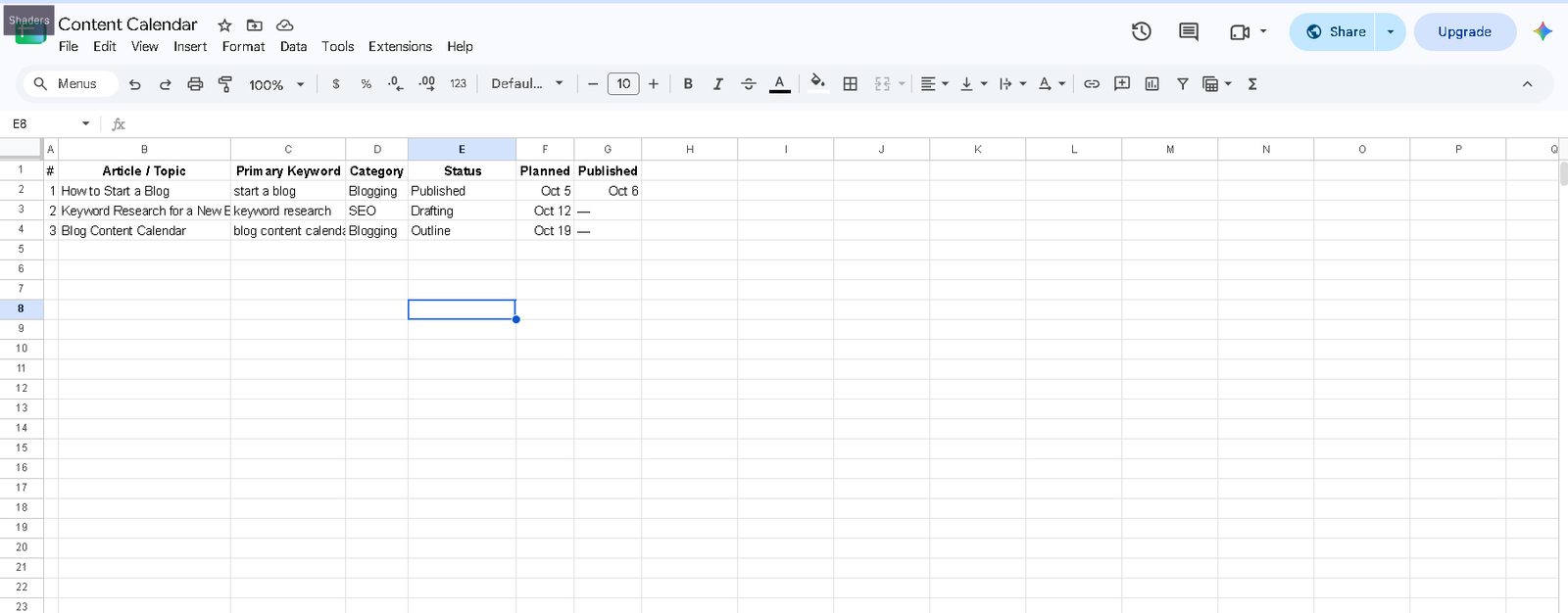 Example of a six-column blog content calendar spreadsheet