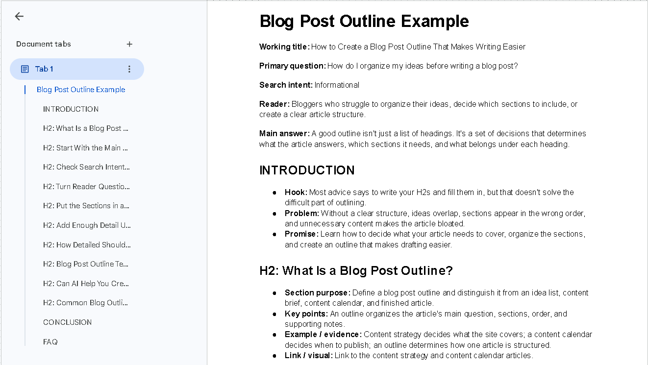 Example of a blog post outline in Google Docs with headings and supporting notes
