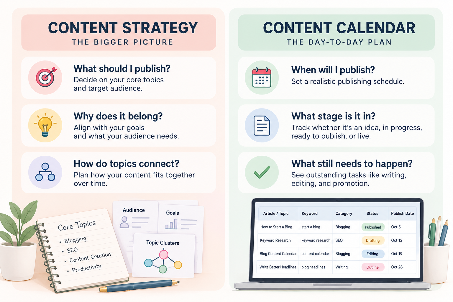 Comparison of content strategy and a blog content calendar